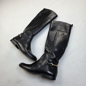 Tory Burch Black Leather Riding Boots 7.5M Gold Logo‎ Hardware Equestrian Tall